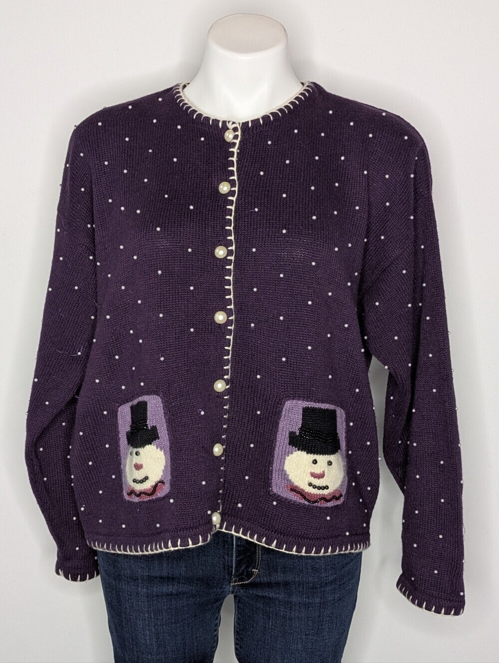 Christopher & Banks Purple Beaded Snowman Button Up Cardigan Sweater XL